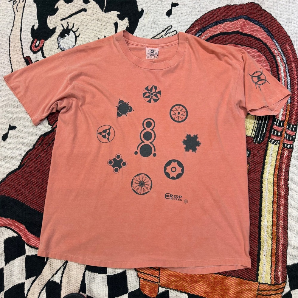 Vintage 90s Anvil Crop Circles Graphic T-Shirt Mens XL Pigment Dyed Orange USA